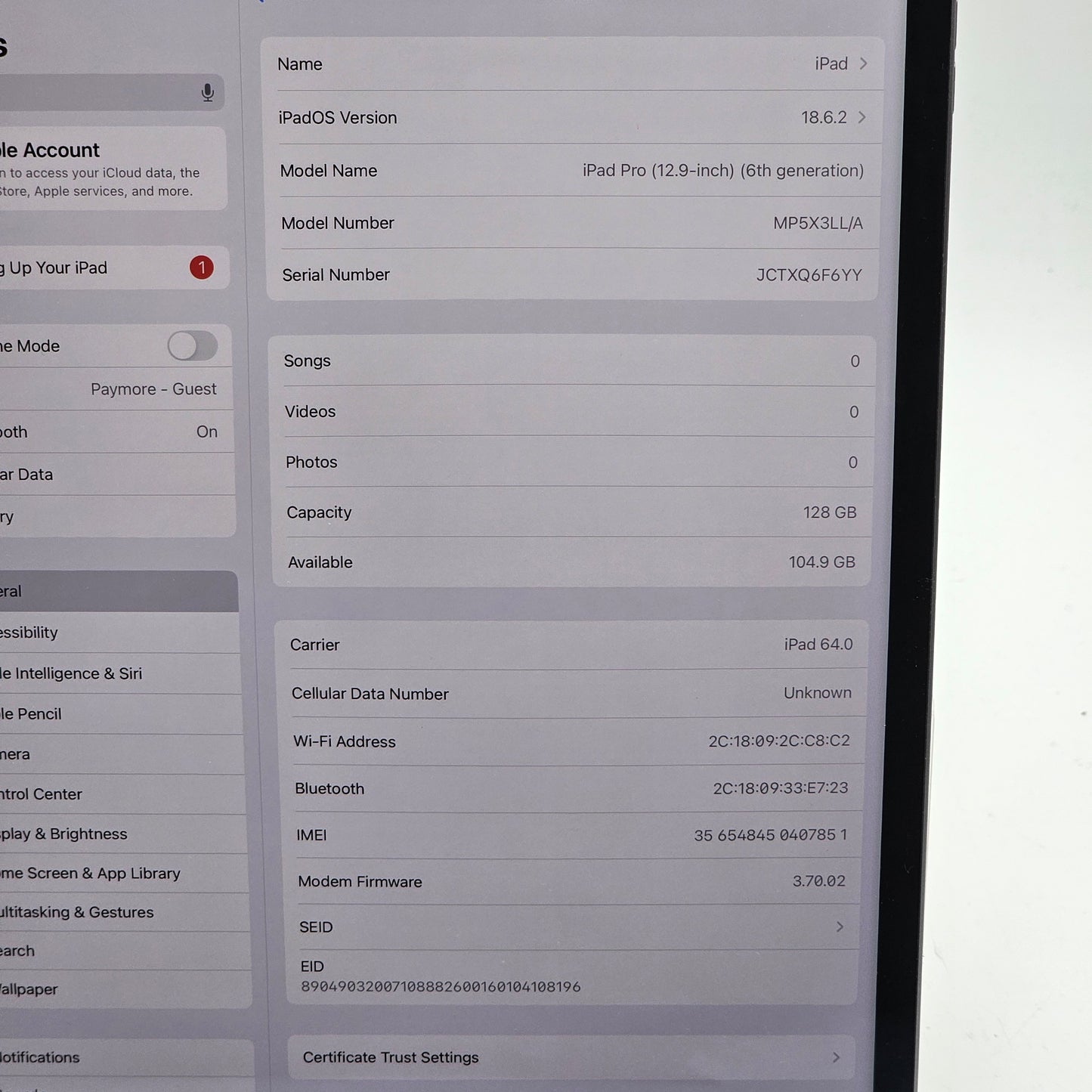 Unlocked Apple iPad Pro 12.9" 6th Gen 128GB 18.6.2 Space Gray MP5X3LL/A