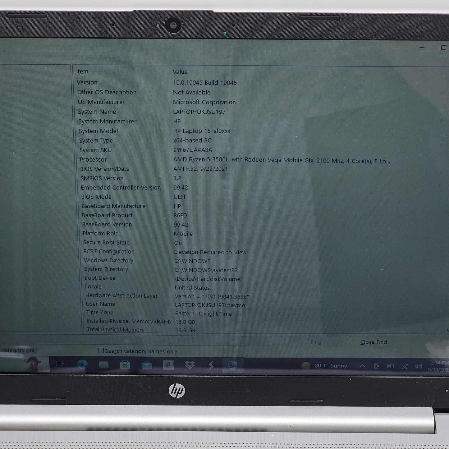 HP Laptop 15-EF0023DX 15.6" Ryzen 5 3500U 2.1GHz 16GB RAM 1TB HDD