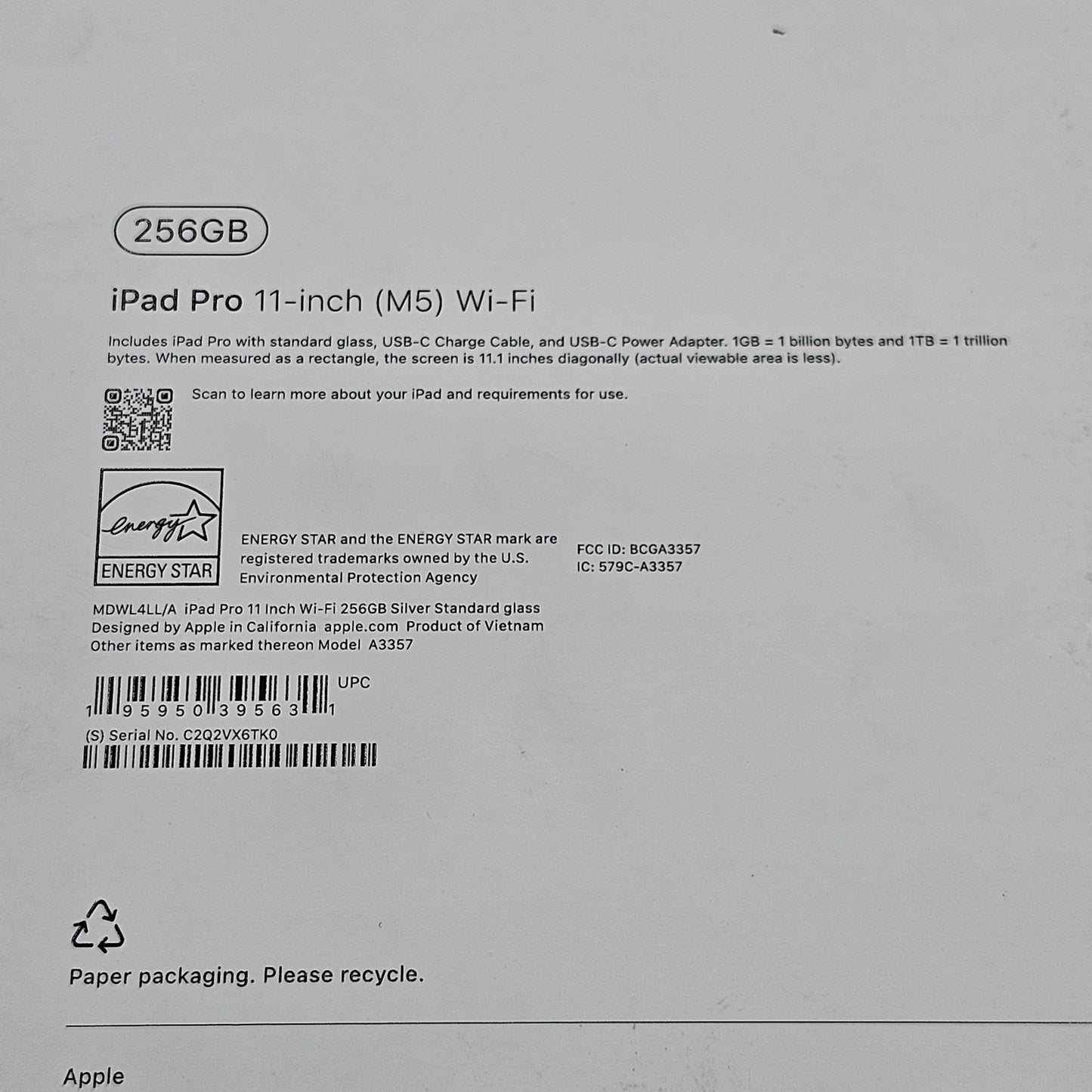 WiFi Only Apple iPad Pro 11" M5 256GB Silver MDWL4LL/A