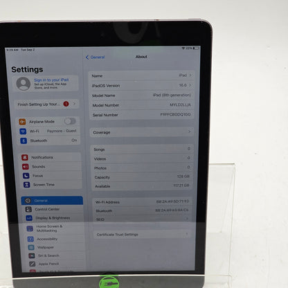 WiFi Only Apple iPad 8th Gen 128GB 16.6 Space gray MYLD2LL/A