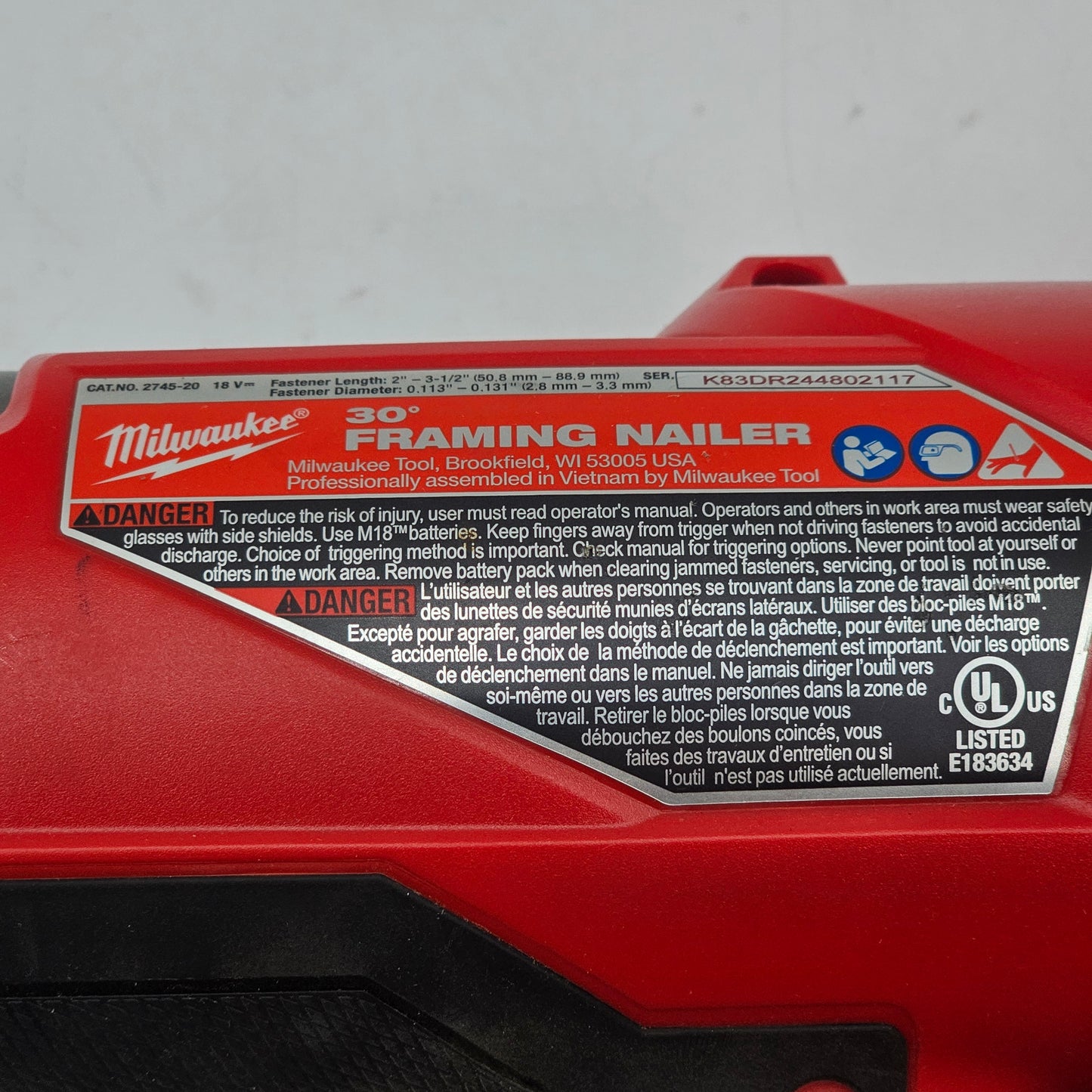 Milwaukee 2745-20 M18 18V 30 Degree Framing Nailer