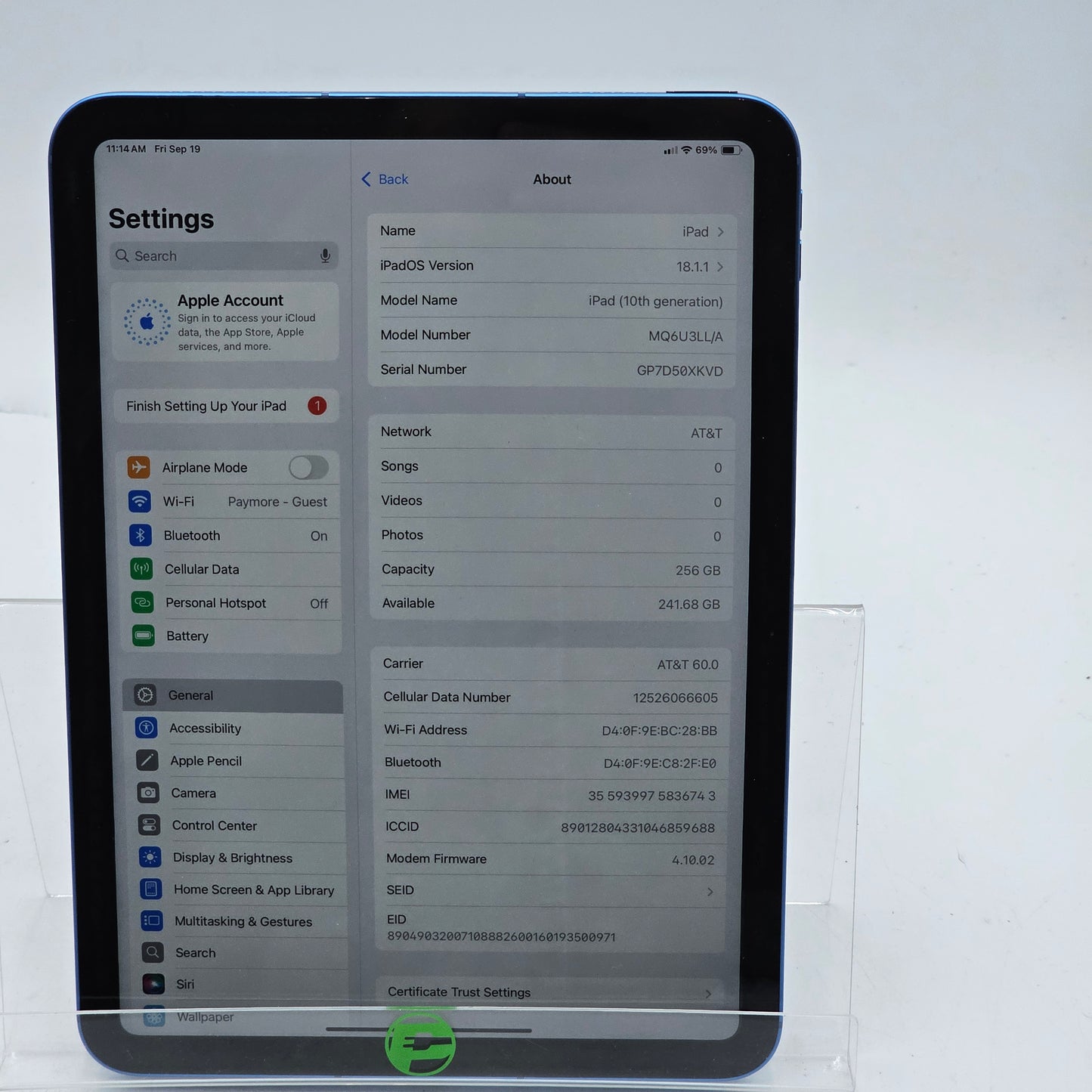 Unlocked Apple iPad 10th Gen 256GB Blue MQ6U3LL/A