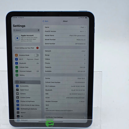 Unlocked Apple iPad 10th Gen 256GB Blue MQ6U3LL/A