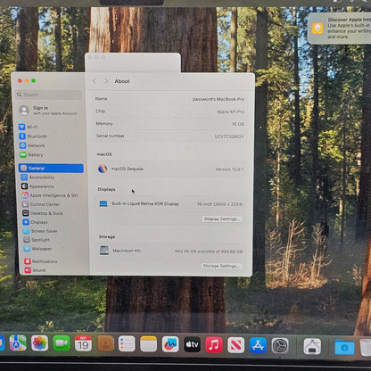 2021 Apple MacBook Pro 16" M1 Pro 10C GPU 3.2GHz 16GB RAM 1TB SSD A2485
