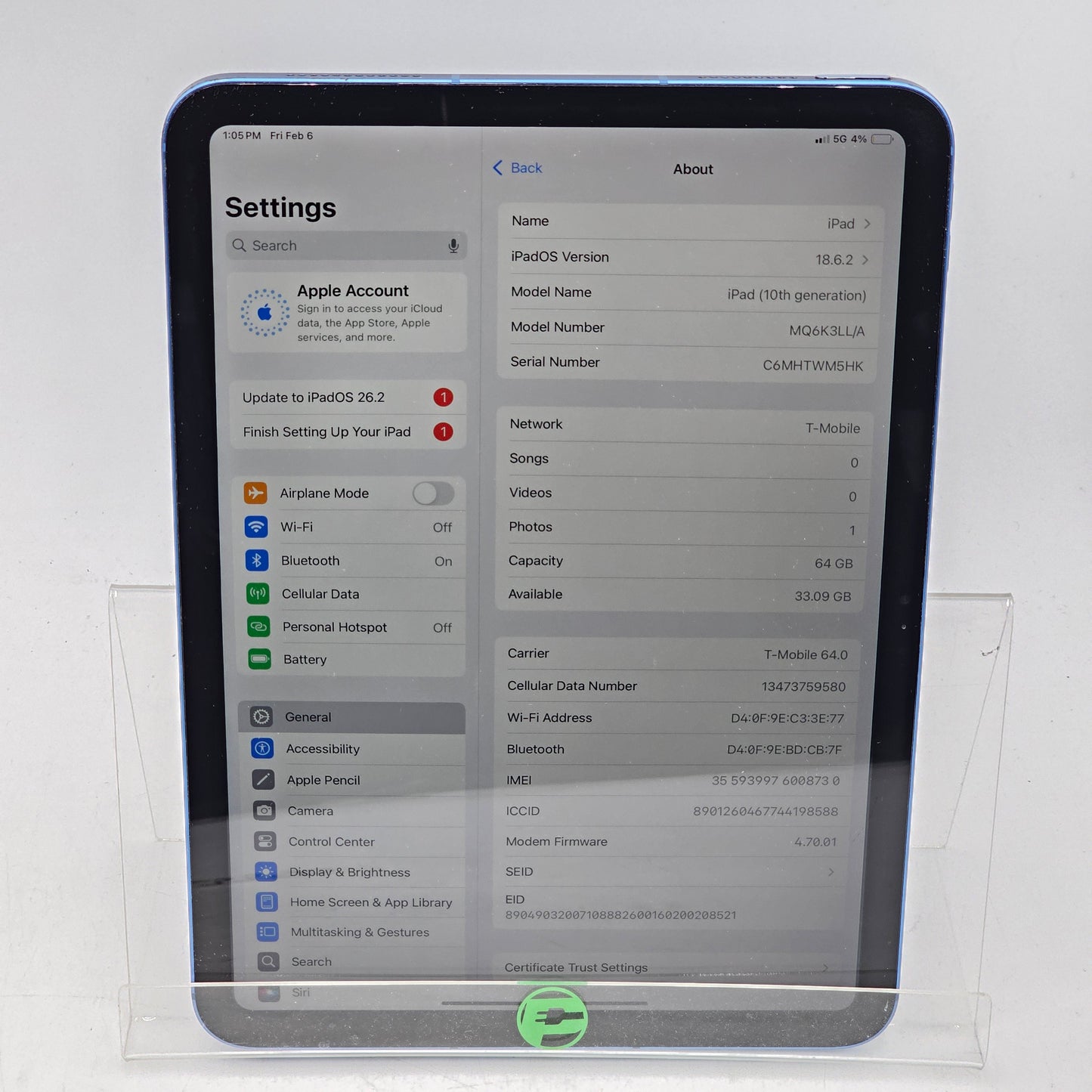 Unlocked Apple iPad 10th Gen 64GB Blue MQ6K3LL/A