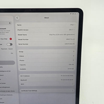 WiFi Only Apple iPad Pro 12.9" 6th Gen 256GB Silver MNXT3LL/A