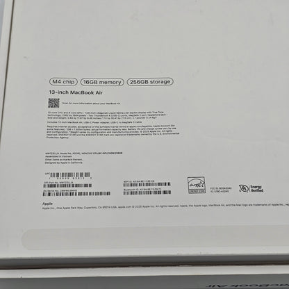 2025 Apple MacBook Air 13" M4 8C GPU 4.5GHz 16GB RAM 256GB SSD A3240