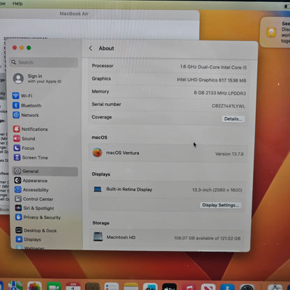 2019 Apple MacBook Air 13.3" i5 1.6GHz 8GB RAM 128GB SSD Gold A1932