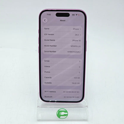 Factory Unlocked Apple iPhone 16 128GB Pink MYAR3LL/A