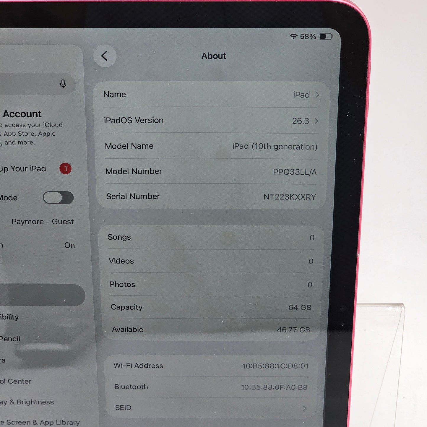 WiFi Only Apple iPad 10th Gen 64GB Pink PPQ33LL/A