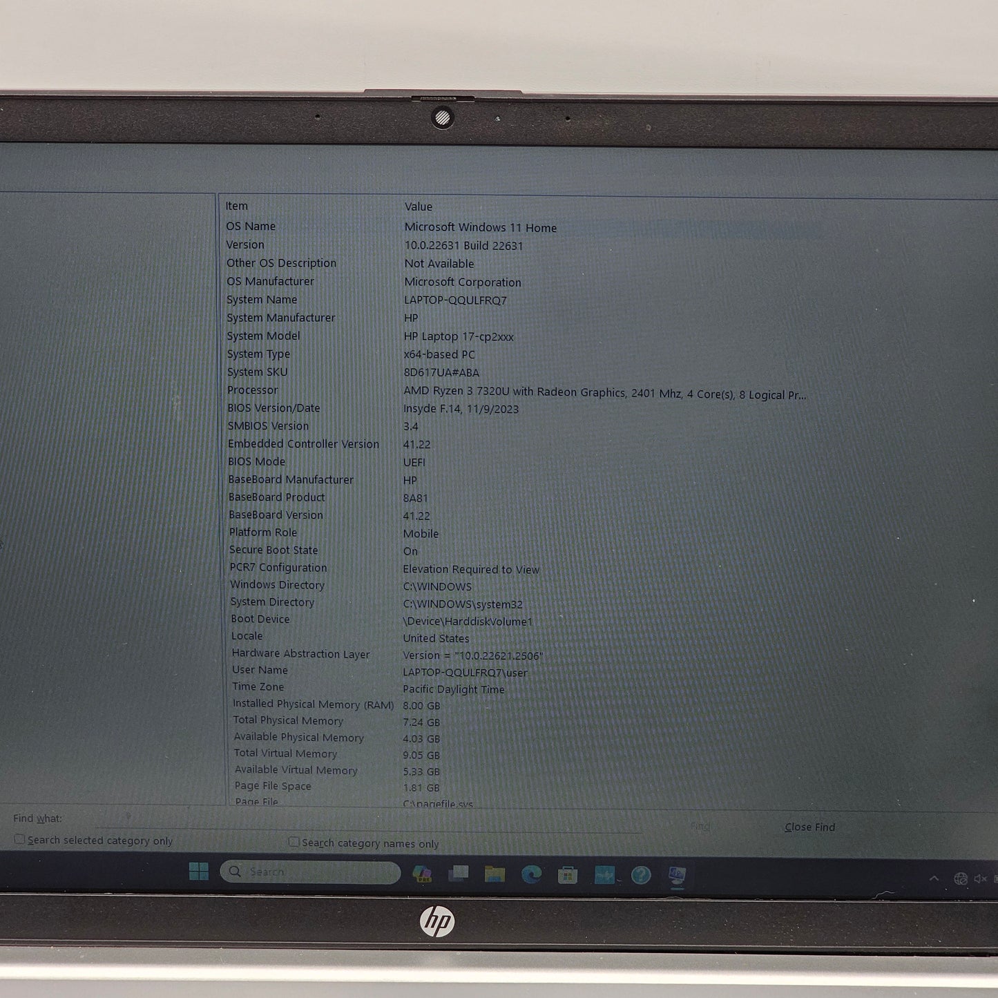 HP Laptop 17-CP2033DX 17.3" Ryzen 3 7320U 2.4GHz 8GB RAM 250GB SSD